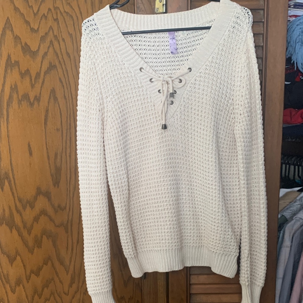 Alya Cream V-Neck Lace-Up Sweater